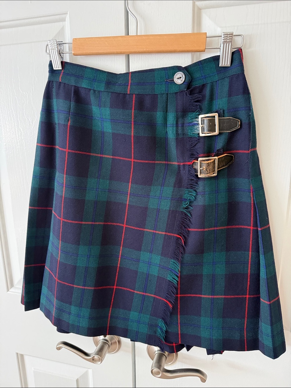 Vintage 1950s Plaid Wrap wool Mini Skirt with Buckle Accents - Navy & Green